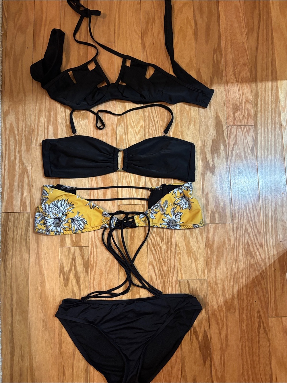 Black & Yellow Floral Lace-Up Women’s Bikini Set -includes all four pieces